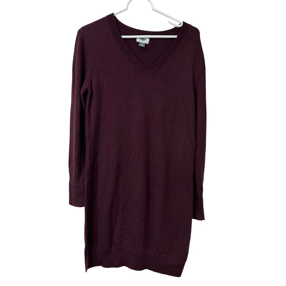 Old Navy Womens Sz Medium Burgundy V Neck Knit Sweater Dress Fall Minimalist
